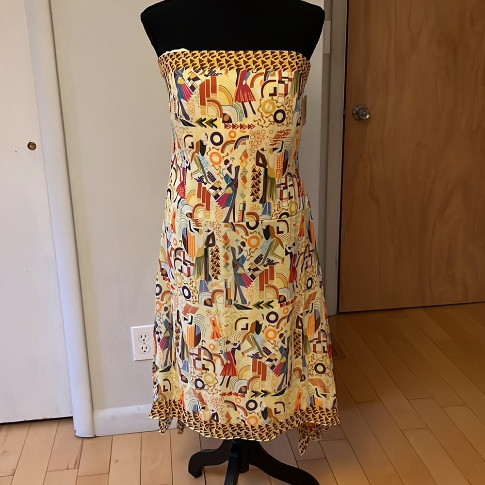 Kay Unger Dancing Couples Print Strapless Beaded Yellow 14